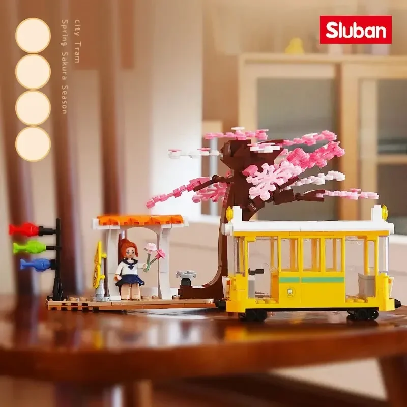 347PCS Sakura Tree Tram Station Building Blocks Bus Train Platform City View Model Bricks Set With Figures Kids DIY Toys Gifts