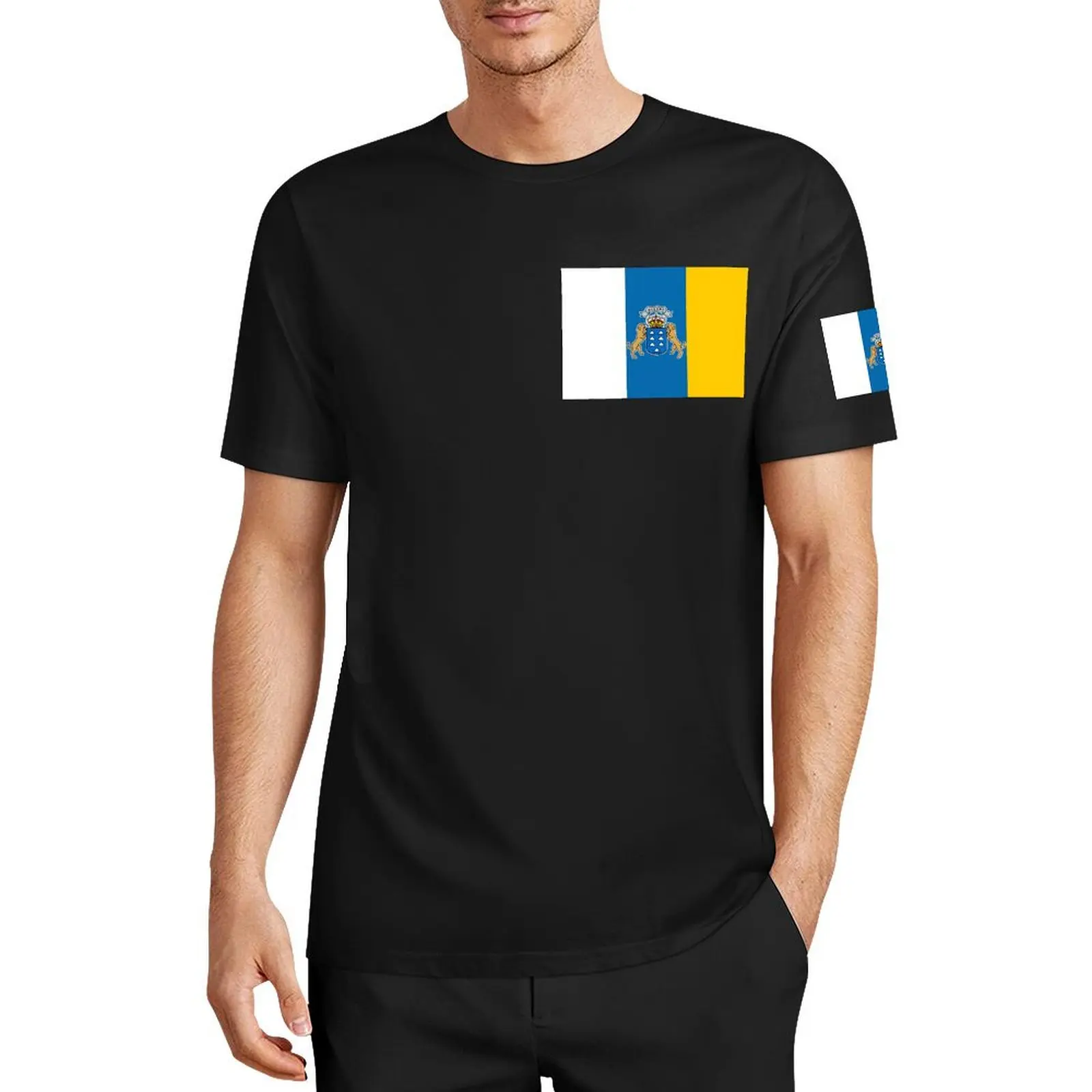 Flag of The Canary Islands (1) T-shirt Round Neck Chest and Cuff Sport  Humor Graphic T-shirts Creative Aactivity Competition Eu