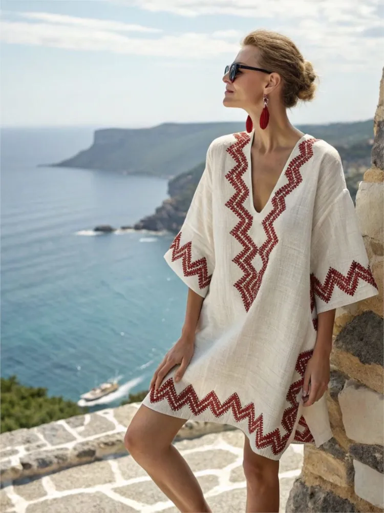 

Vintage Summer Printed Dresses Women V-neck Short Sleeve Dresses Casual Vacation Beach Dress Vestidos Para Mujer De Verano 2025