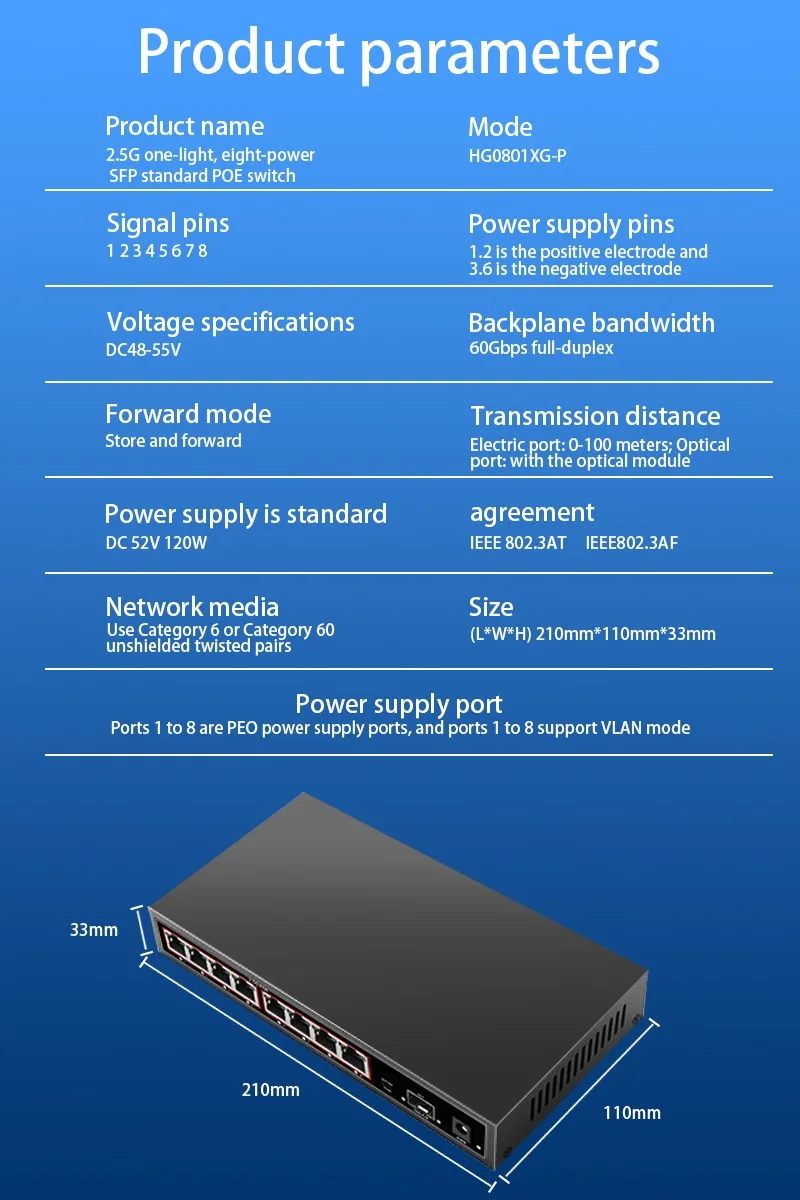 9-Port POE RJ45 Ethernet Switch 2,5GbE 10G SFP+ Netzwerk-Switch mit für Uplink Unmanaged Plug and Play, für IP-Kamera/NVR – Detail 8