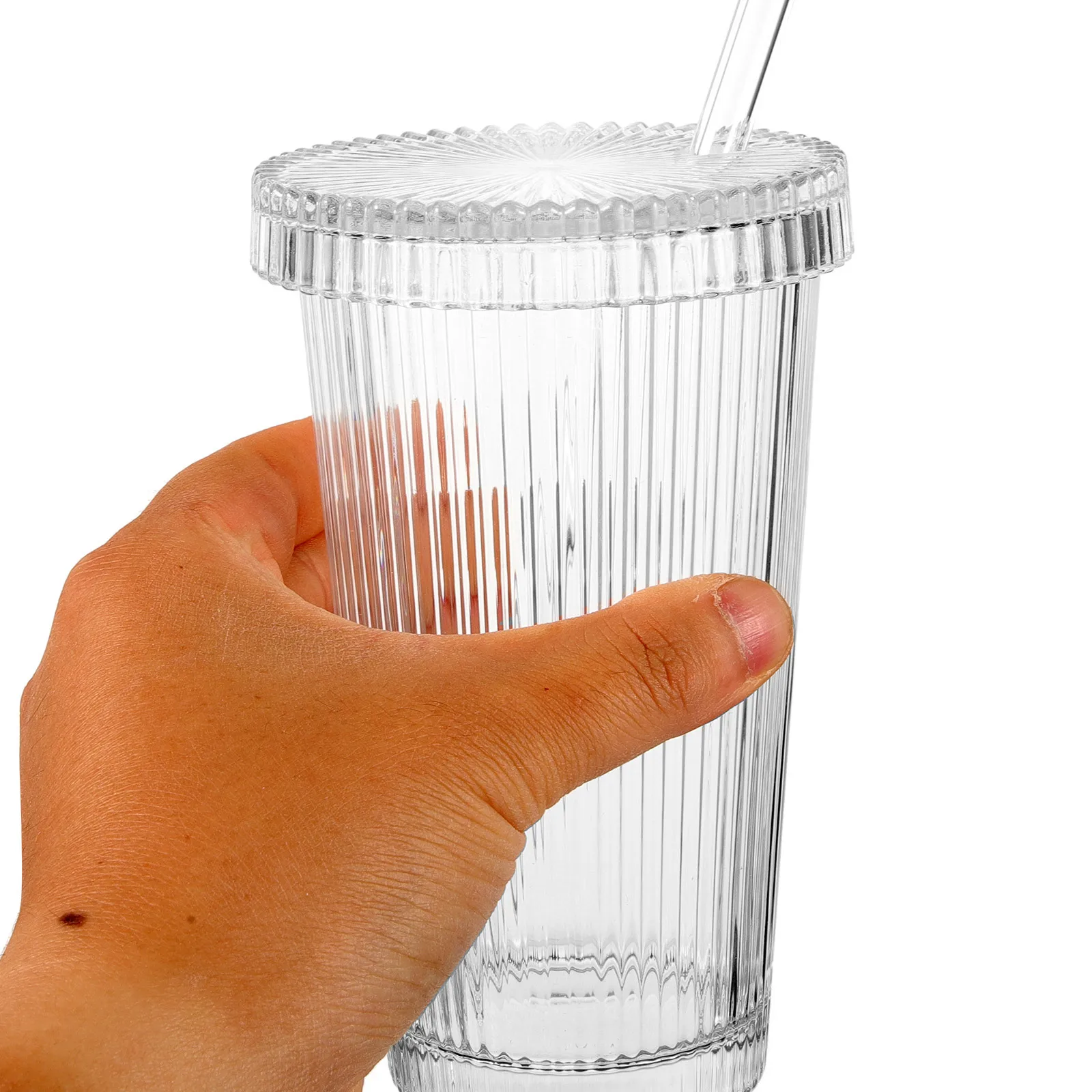 

Vertical Striped Glass Cup with Lid and Straw for Adults Borosilicate Drinking Water Juice Coffee Clear Cup Reusable High