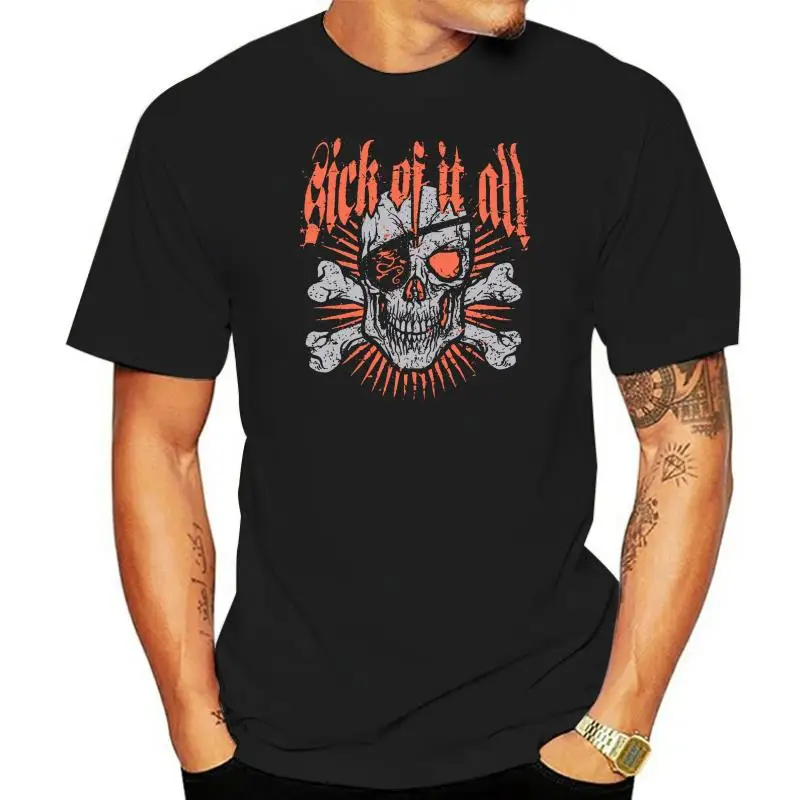 

Sick Of It All Men's Skull Crossbones T-shirt Small Black Cotton Loose Short Sleeve Mens Shirts