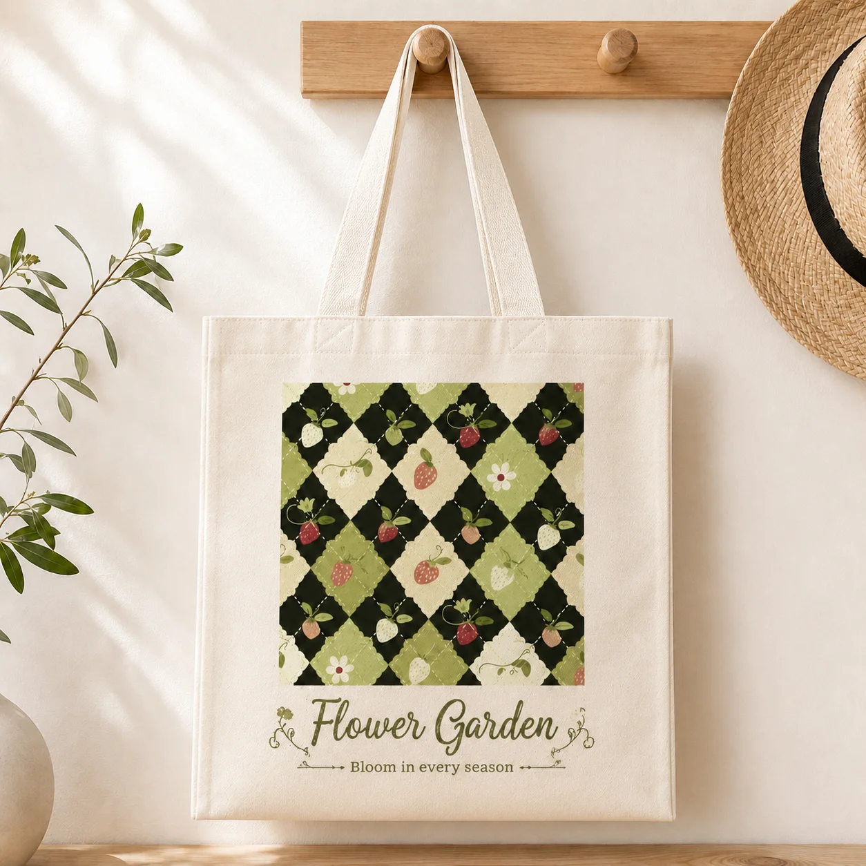 Vintage Rhombus Strawberry Flower Garden Canvas Tote Bag Cute Floral Fruit Print Shoulder Bag Reusable Casual Shopping Handbag