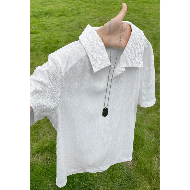 Male Relaxed Oversized V Notch Lapel Short Sleeve Shirt Crinkled Pattern Lightweight Fabric For Holiday Daily Styling Look