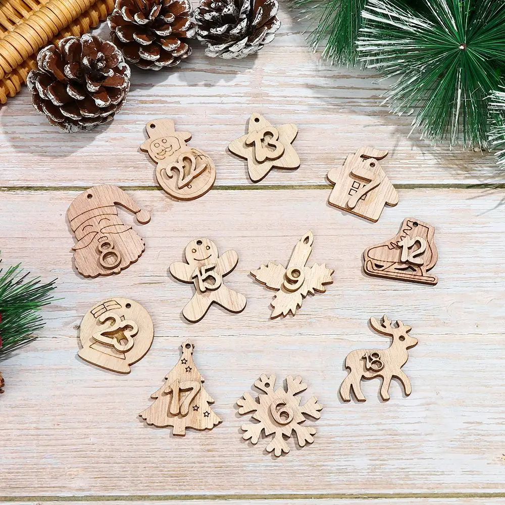 24 pz/set calendari dell'avvento di natale ciondolo in legno numero etichetta conto alla rovescia sacchetti regalo fai da te pacchetto di biscotti Decor cartellini appesi