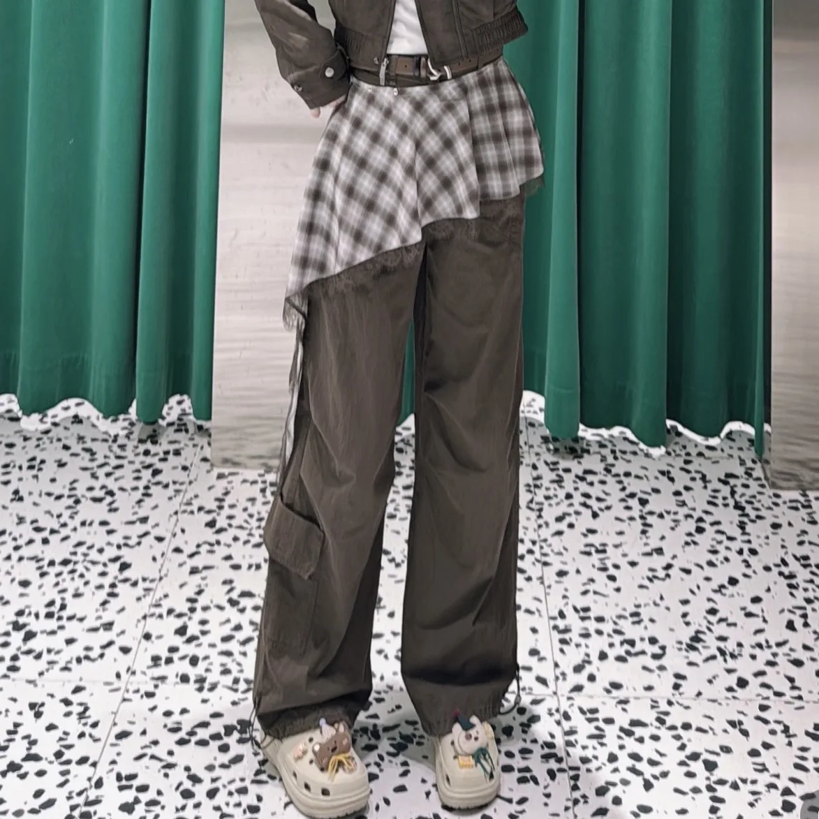 SuperAen Spring and Autumn New Design American Retro Patchwork Plaid Skirt Pants Fashion Casual Full Length Pants