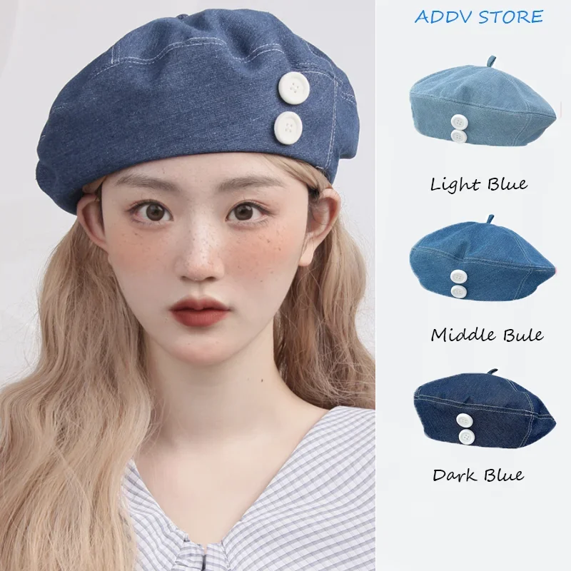 

Vintage Denim Beret for Women Y2K Style with Flocking and Button Design Summer Hats for Women