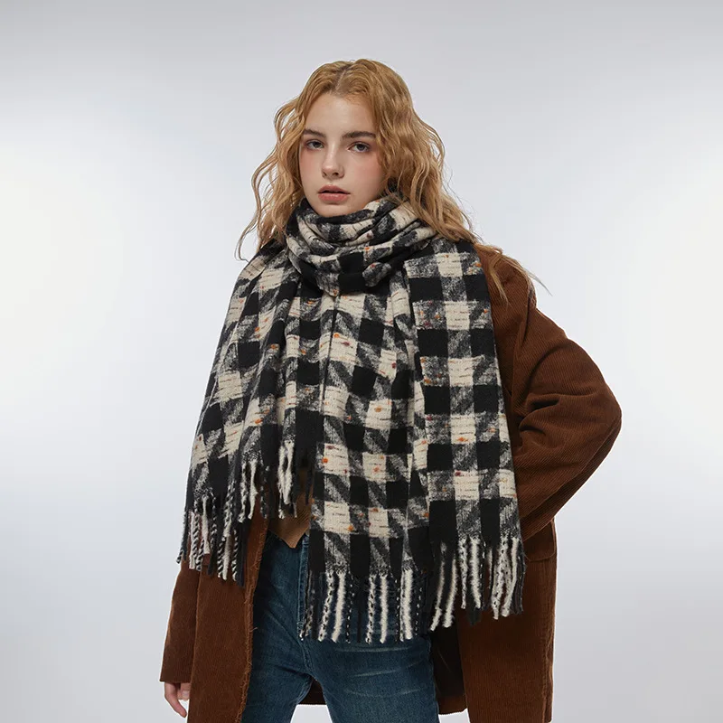 2023WinterNew Colorful Dot Windmill Plaid Soft Glutinous ImitationCashmere Women's ScarfOverlaid with Thickened Warm TasselShawl