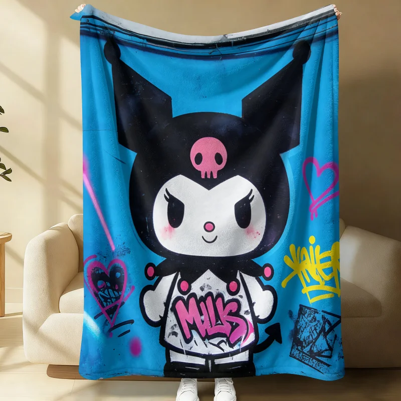 

Kuromi Sanrio Throw Blanket Kawaii Blue Graffiti Style Soft Flannel Blanket for Girls Boys Cute Anime Edgy Cozy Bed Sofa Blanket