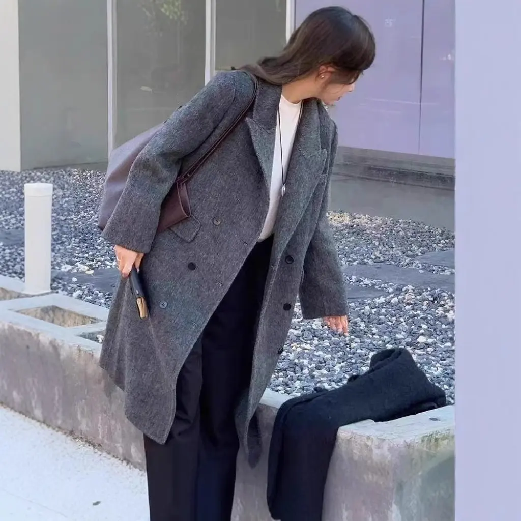 

Женское двустороннее шерстяное пальто, осень-зима, двубортный универсальный костюм средней длины с воротником на плечах, модная верхняя одежда