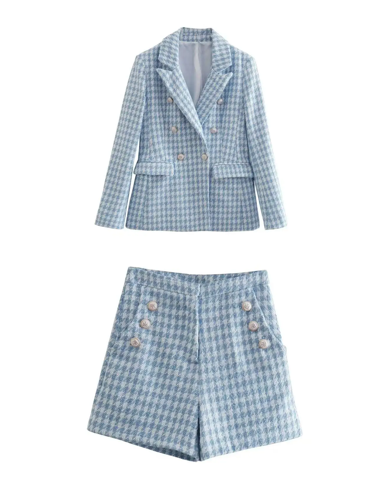 

2025 Spring New Thousand Bird Plaid Check Double Breasted Suit with Shorts Sleeve Long Dresses