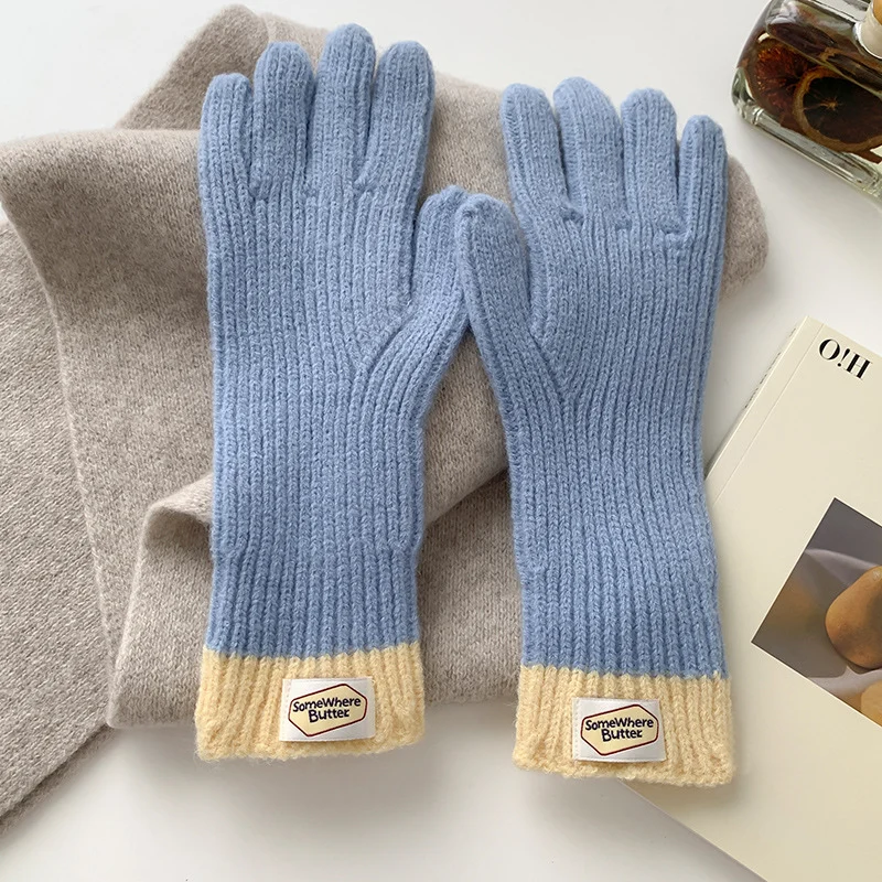 Women Winter Warm Finger Gloves 2024 New Japanese Cute Color Blocking Extended Knitted Mittens Touchable Screen Thermal Gloves