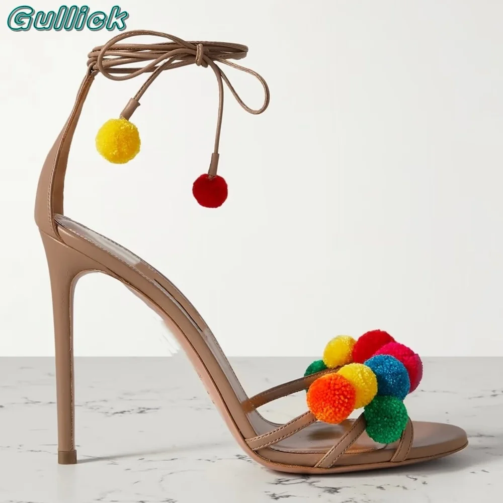 Colorful Balls Lace Up Sandals Open Toe Stiletto High Heel Ankle Buckle Strap Cover Heel 2024 Summer Chic Women Dress Shoes