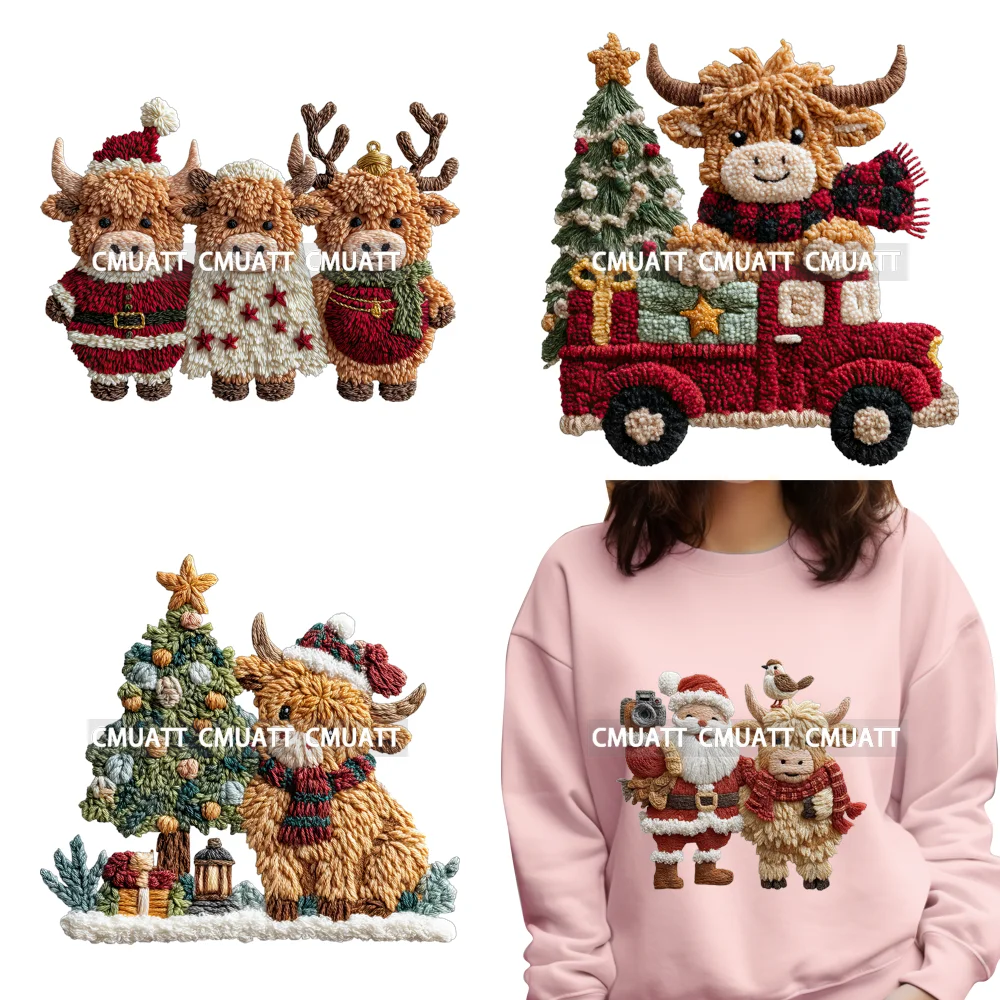 

Наклейки-трансферы DTF с эффектом вышивки: Декоративные элементы из искусственной пряжи (корова, елка, Дед Мороз) к Рождеству, готовые к термопереносу на текстиль и сумки, моющиеся.