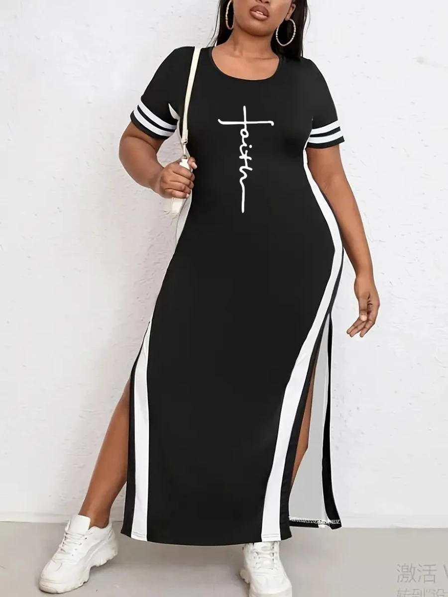 LW Plus Size dresses Letter Print Striped Bodycon Dress summer short sleeve maxi dress vestido casual women's clothing