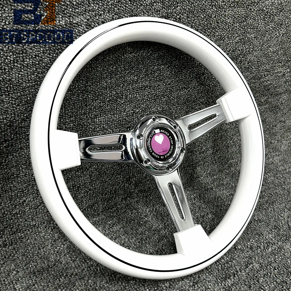 ABS White Polishing Electroplating Car Sports Steering Wheel 14inch 350mm Flat Love Universal 6 Holes 70mm