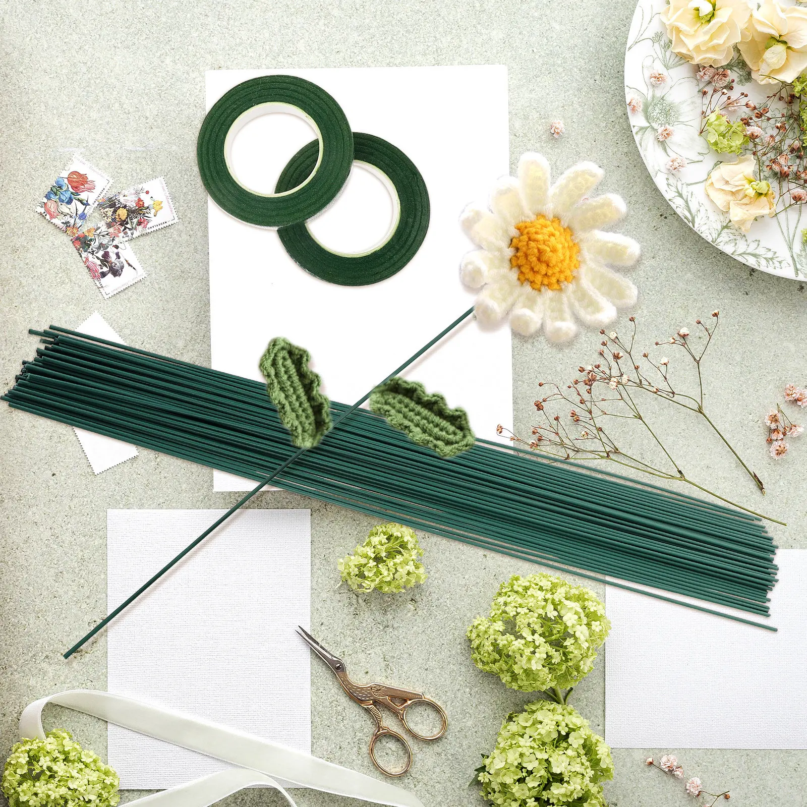 1Set Floral Stem Wires with Flower Paper Tape for DIY Artificial Flowers Bouquets Garland Crowns Corsages Realistic Natural Look