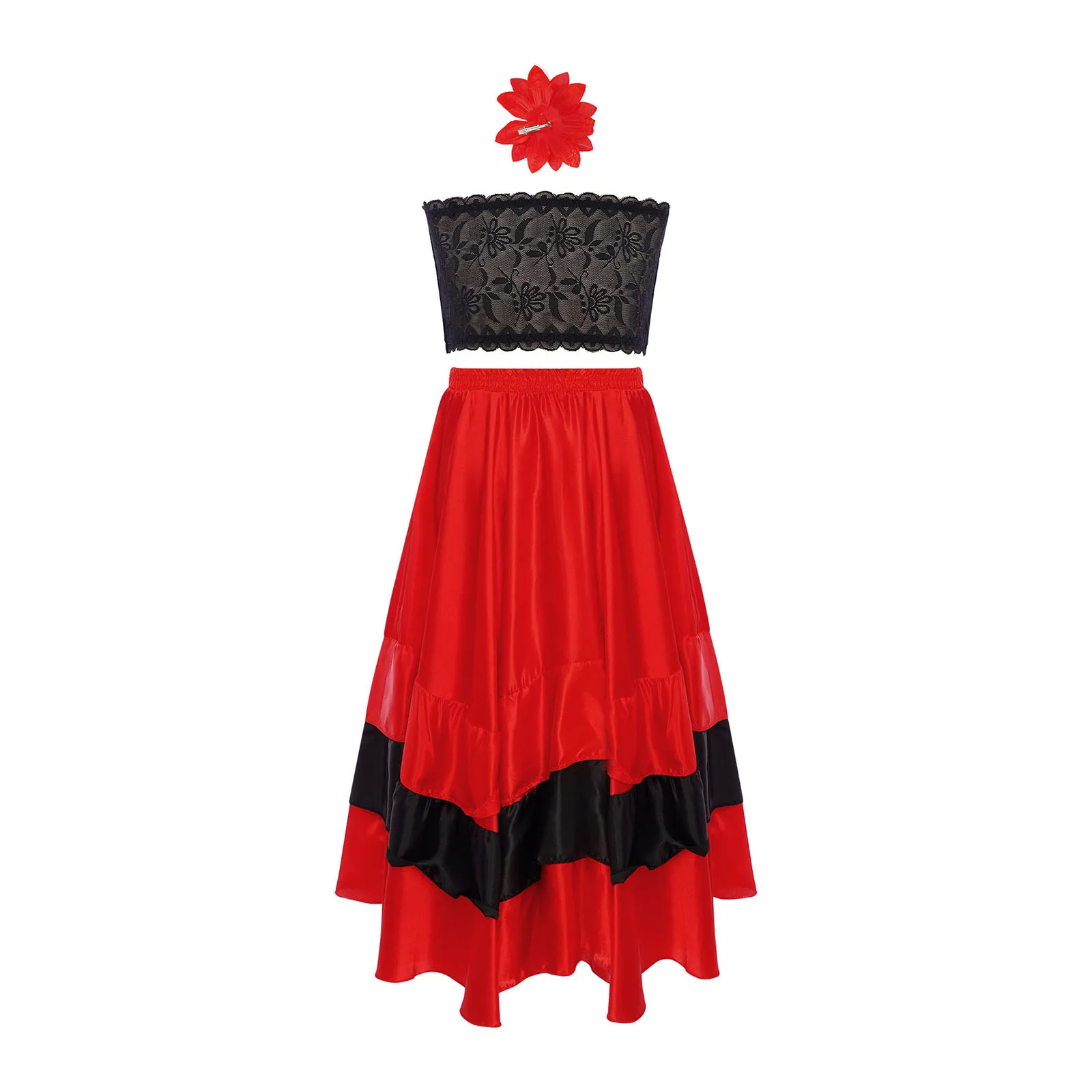 Crianças meninas flamenco espanhol tango salão de baile dança latina desempenho traje renda tubo superior com em camadas plissado tourada saia
