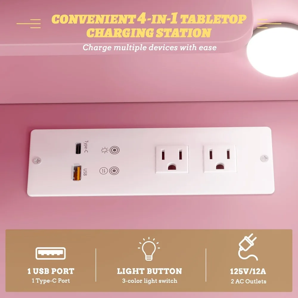 مكتب زينة مكياج كبير بإضاءة LED مع قاعدة شحن و6 أدراج، 43.3 طاولة تزيين للمكياج للتنظيم #5