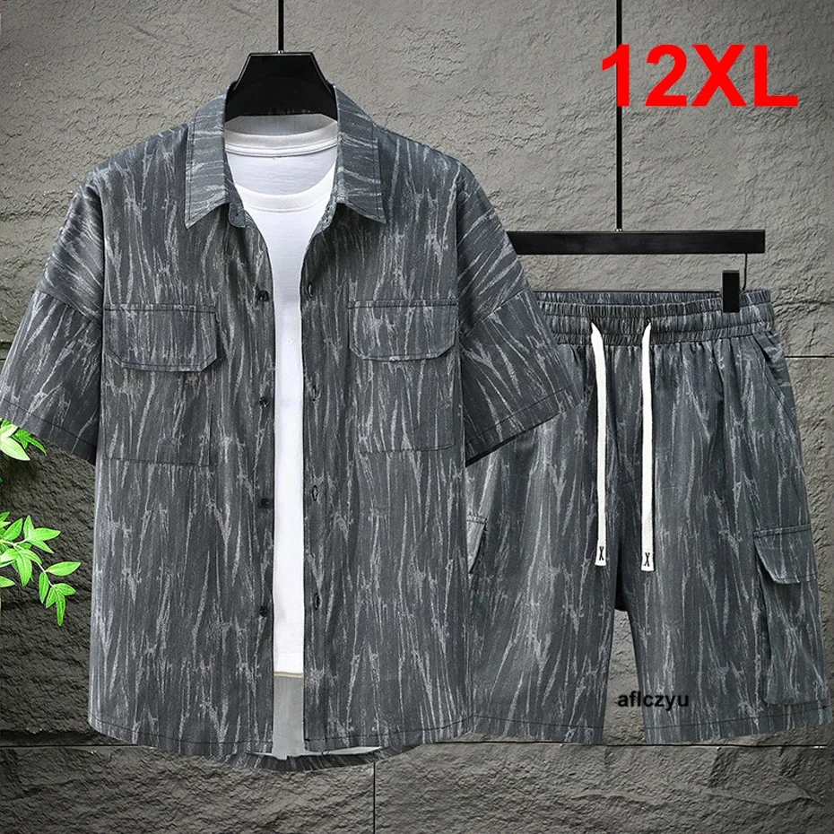 

Мужские летние костюмы, размеры 10XL, 12XL, комплекты Карго, рубашка, шорты, модная повседневная хлопковая одежда для мужчин Aflczyu, большая