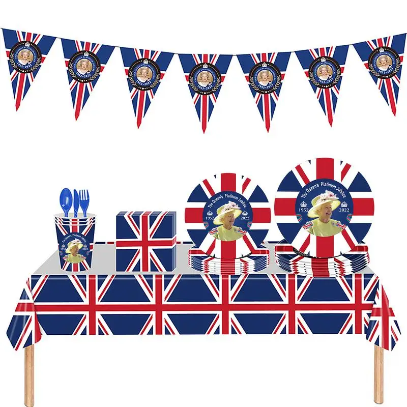 

114pcs Union Jack Tableware Set Queen's 70th Jubilee Paper Cups Plates Dinnerware Set British Bunting Flag Party Supplies Home