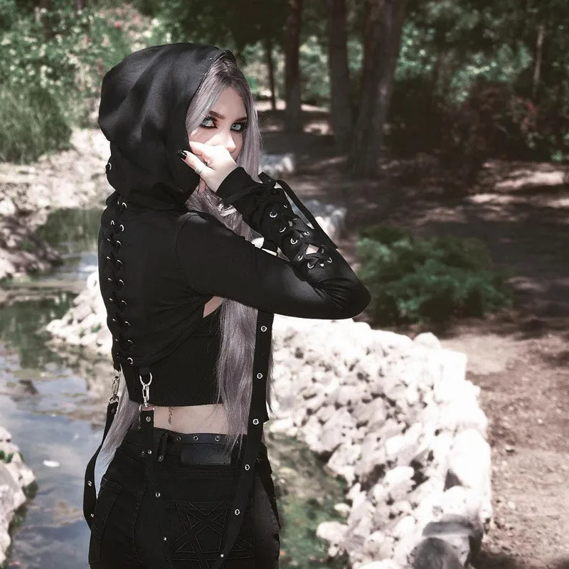 Gothic Sle Long Sve loween Sweatirt Women's Loose Fit Pullover Belly Button Exposure Zipper Detail Streetwear