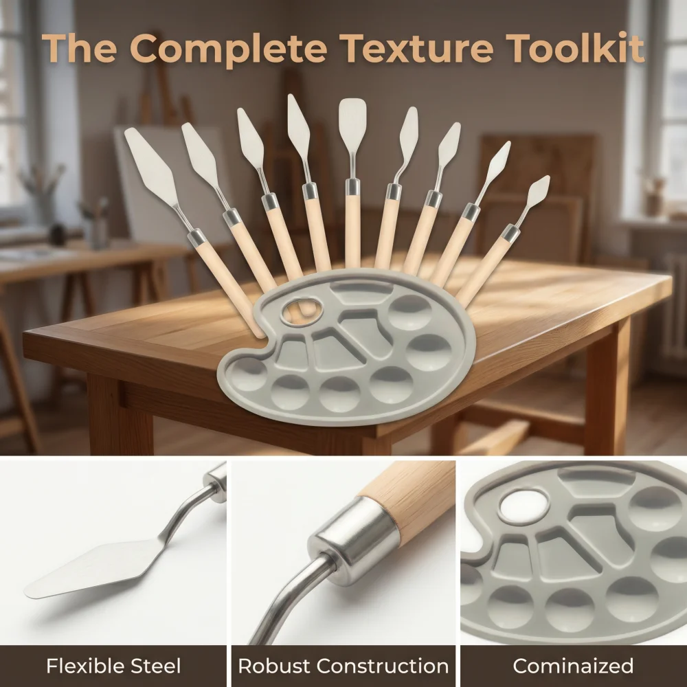 Palette Knife & Paint Tray Set, Stainless Steel Scraper & Plastic Palette for Oil Acrylic Painting, Canvas Art Tools for Artists