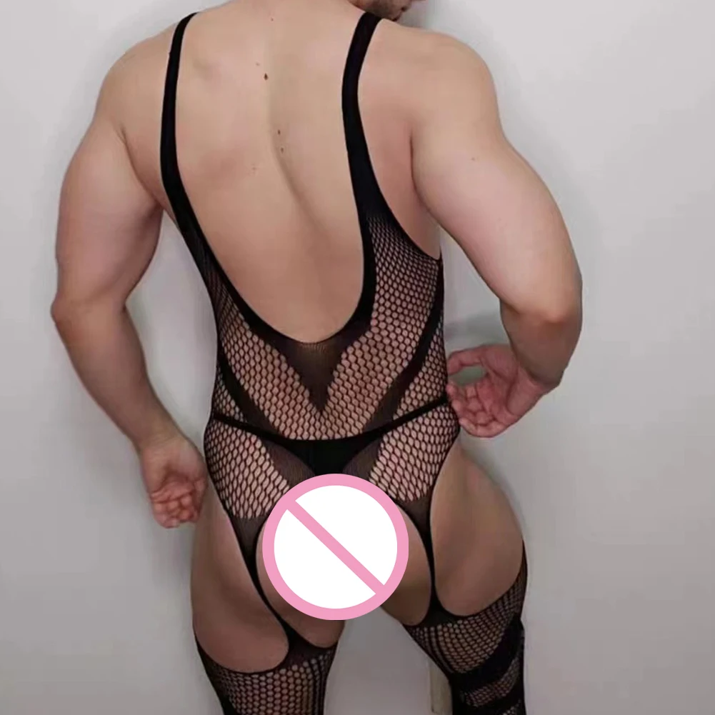 Men's Sexy Full Bodysuits Hollow-Out Fishnet Sissy Jumpsuit Open Crotch Bodystocking Sexy Transparent Lingerie Night Club Wear