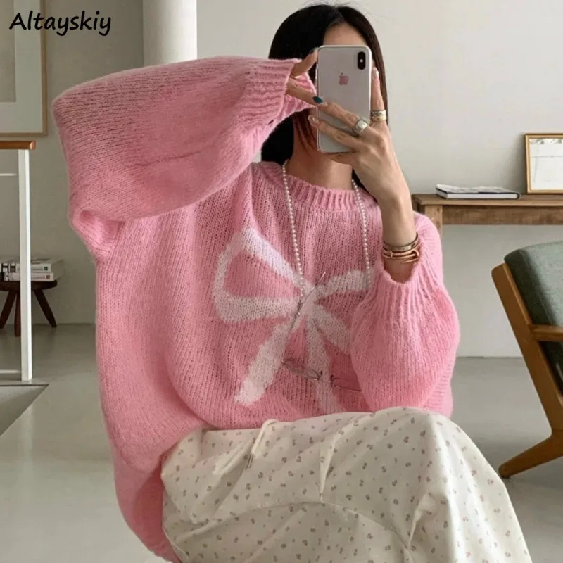 

Pullovers Women Autumn Sweet Girls Loose Fit Sweater Thin Bow Printed All-match Casual Chic Korean Style Streetwear Age-reducing