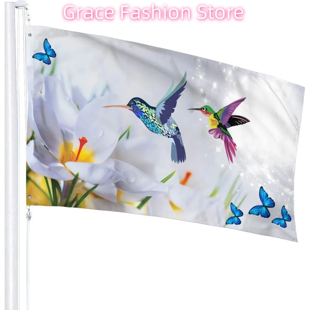 Bird Flowers Spring Swirls Hummingbird Flag 3x5 Ft Fade Proof Outdoor/Inside Breeze Flag Garden House Home Decor Double Stitched