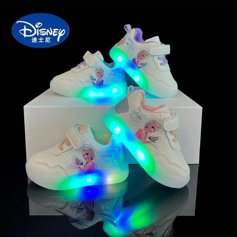

Disney 2025 Spring Leather Soft Sole Casual Sneakers: LED Light-Up Low-Top Fashion Shoes for Girls
