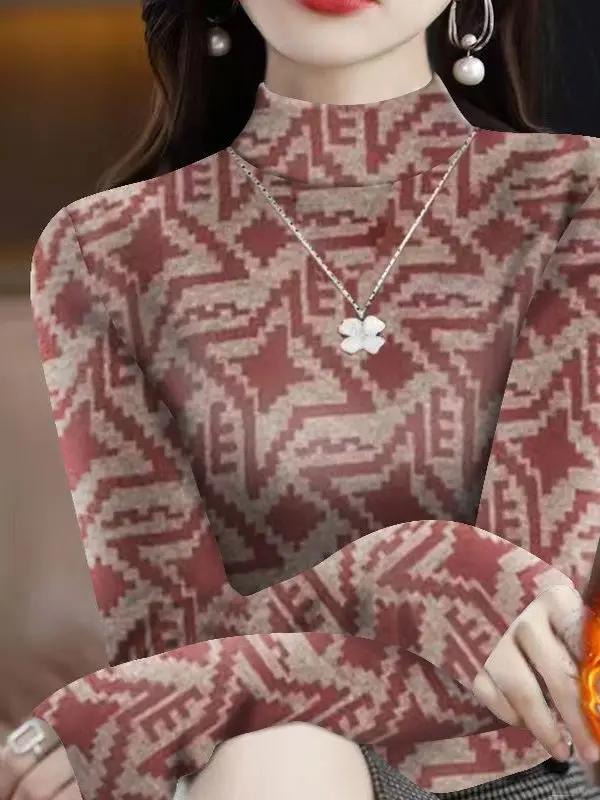 女性の長袖プリントベースシャツハーフハイカラーベルベット痩身服ツーピースセットファッショナブルな秋冬新作