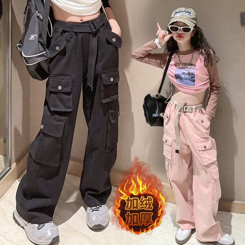 

Girls Cargo Pants Winter Fashion Casual Straight Wide Leg Pants teen school Thick Fleece Warm Loose Sport Trouser 12 13 14 Years