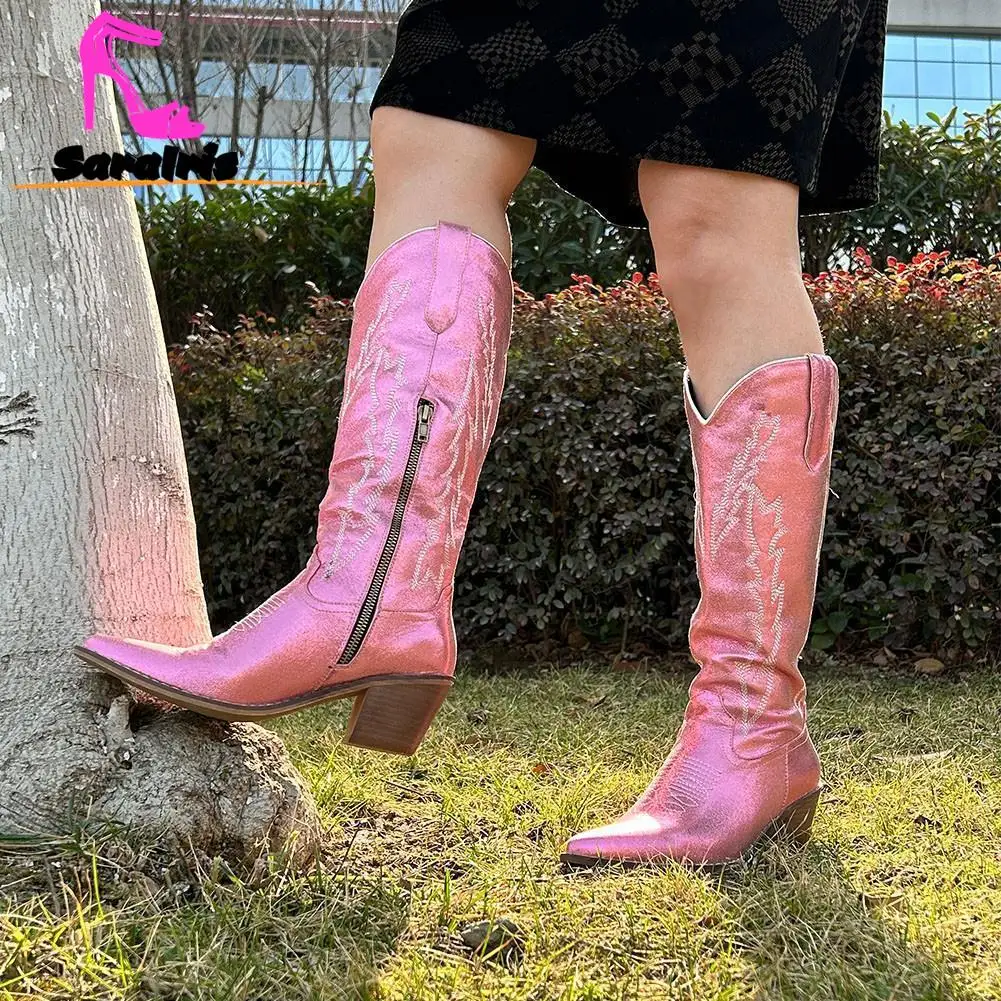 Western Boots For Women 2023 Shiny Pink Zip Embroidery Cowboy Boots Autumn Winter Cowgirl Mid Calf Boots Great Quality Boots