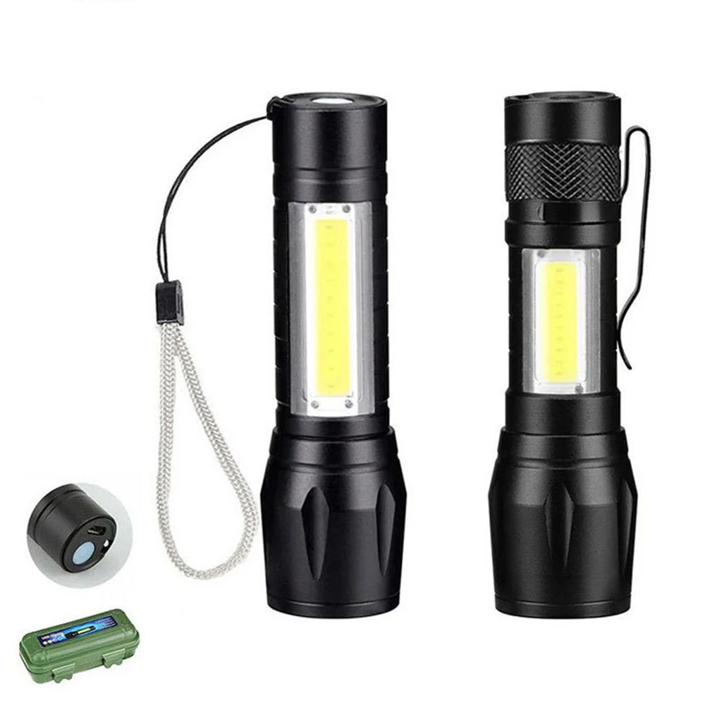 Plastic LED Flashlight USB Rechargeable COB Side Light Zoomable Super Bright Mini Torch with Pen Clip for Outdoor Home