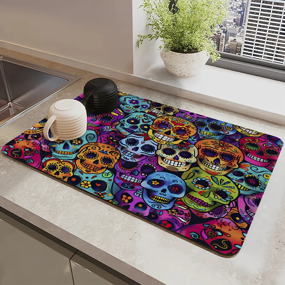 

Sugar Skull Pattern Draining Pad Drying Mat For Kitchen Bar Coffee Dishes Rubber Quick Drying Water Absorbent Anti-slip Mat