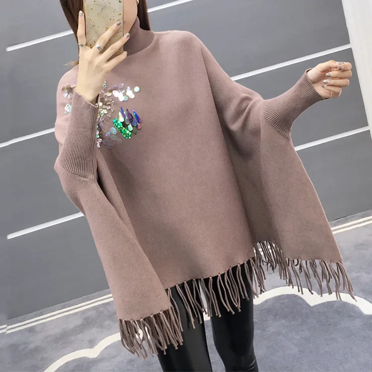 3 Style 4 Colors Winter Warm Knitted High Neck Beading Sequin Sweater Autumn Pullover Fashion Women Loose Tassel Poncho Knitwear