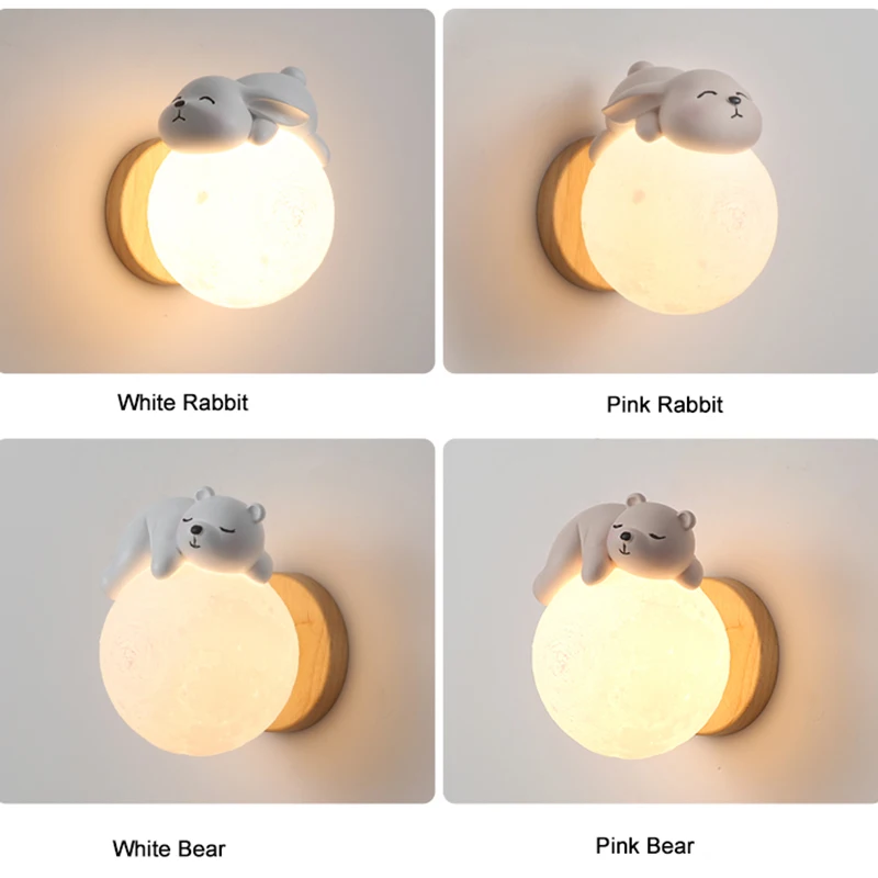 Cartoon Bear Lamps Moon Wall Light for Bedroom Bedside Lighting Rabbit Bear Astronaut Animal Boy Girl Baby Room Night Lights