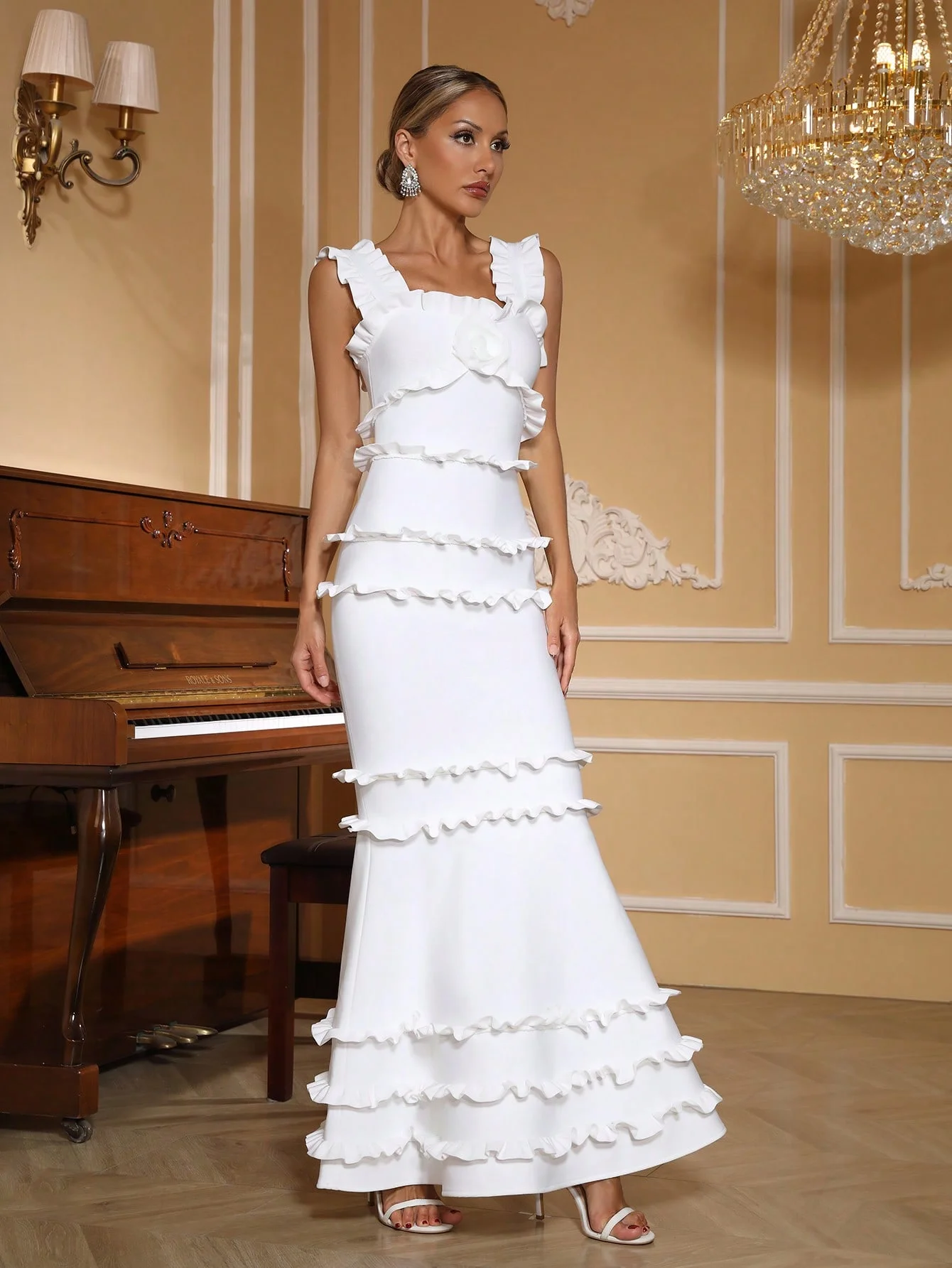 Vestido de bandagem sem mangas elegante festa de noite em camadas babados sereia formal noite ópera gala multi tom preto branco vermelho ​