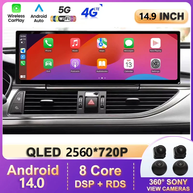 14.9 Inch Android 13 Carplay For Audi A6 C7 S6 A7 2012-2019 Car Multimedia Player GPS Navigation Auto Radio Screen Headunit DSP