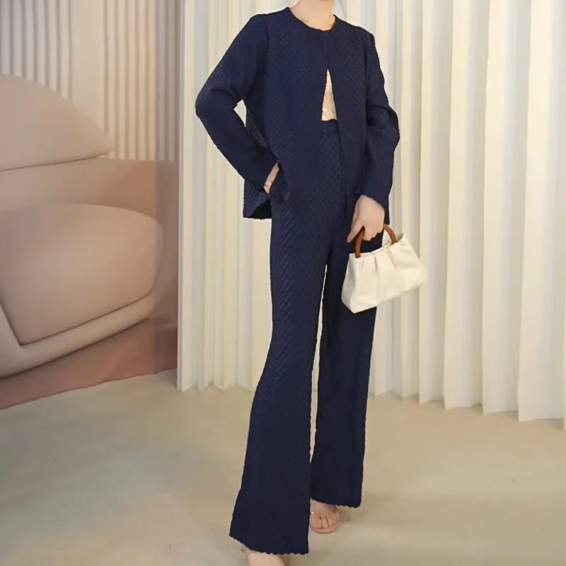 

Miyake плиссированная модная универсальная блузка с вышивкой, тонкий кардиган, куртка, повседневный прямой широкий расклешенный брюки, пригородный костюм