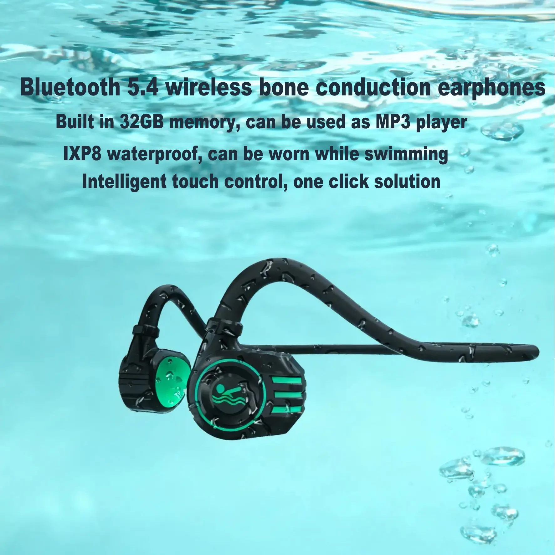 

MP3 Bone Conduction Wireless Bluetooth 5.4 Headphones Built In 32GB Memory IPX8 Waterproof Touch Sports Earphones For Swimming