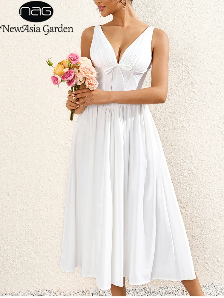 

NewAsia Stylish Summer A-Line Midi Dress Boned Corset V-Neck Lace-Up Ruffle Backless Elegant Women's Party Dress Casual Wedding