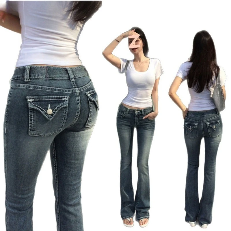 

Джинсы-клеш с низкой посадкой и эффектом обхвата бедер, облегающие, эластичные, длинные, из денима, для повседневной носки, в уличном стиле, для женщин, осень 2025, американский тренд