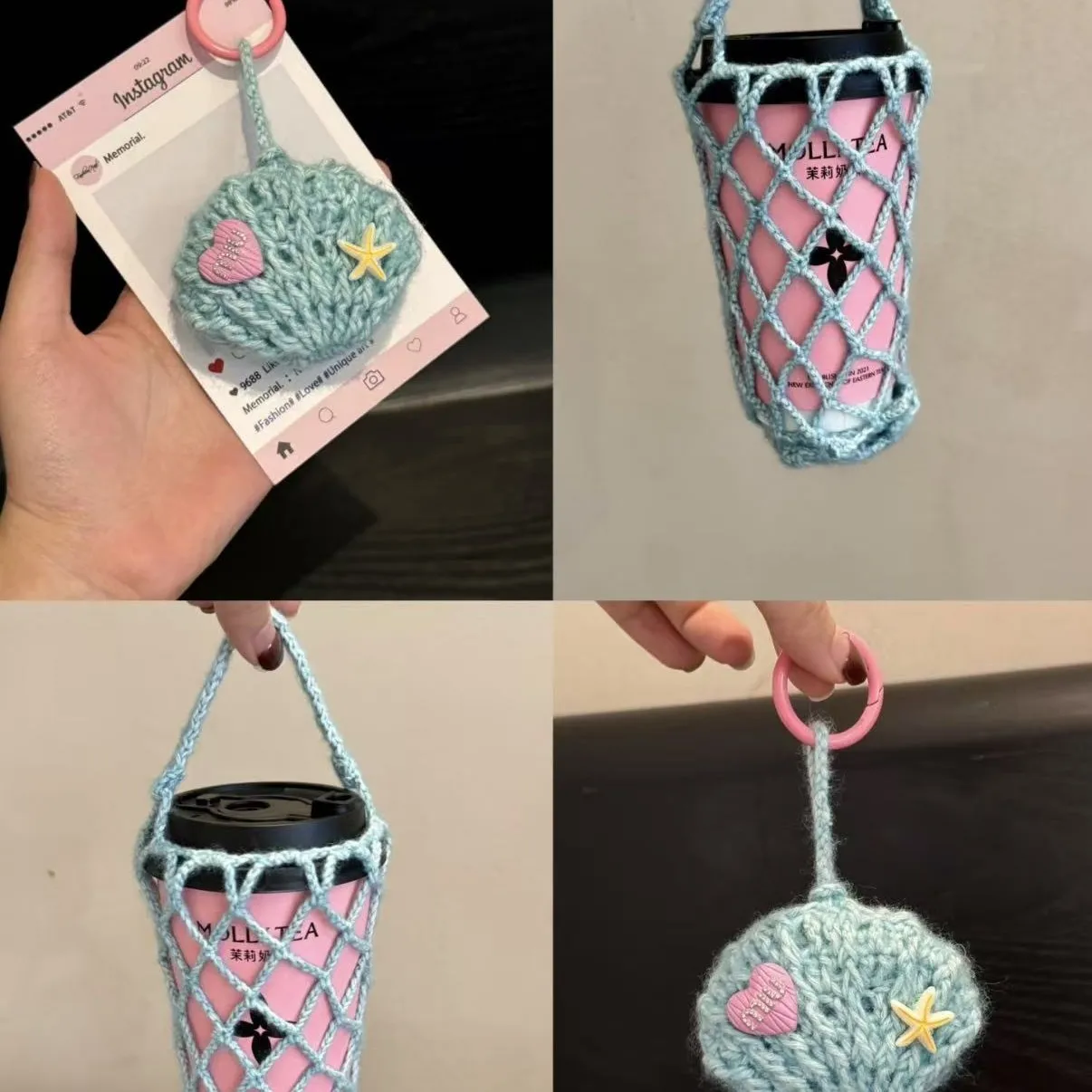 Handmade Crochet Cup Holder Net Bag - Cute Star & Heart Design for Milk Tea, Coffee, Water Bottle, Portable & Stylish