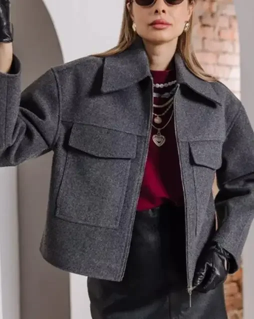 

Woolen Coat with Pockets Long Sleeve Top 2025 Autumn & Winter Female Daily Clothing New Fashion Cropped Lapel for Women