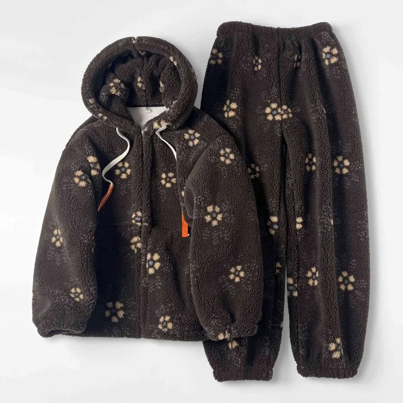  Double-layer Thickened Women's Winter Pajamas with Zipper Hooded Coral Fleece Can Be Worn Outside As A Couple's Home Wear Set