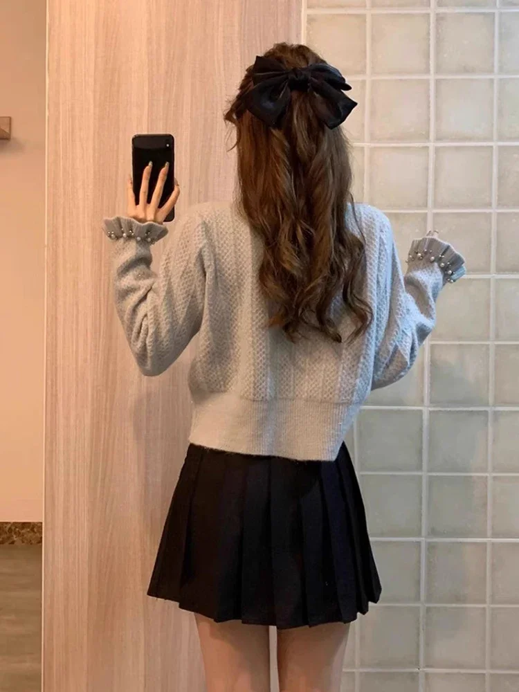 HOUZHOU Elegant Women Knitted Cardigan Bow Cute Long Sleeve O-Neck Bright Silk Single Breasted Korean Style Sweater Party Autumn