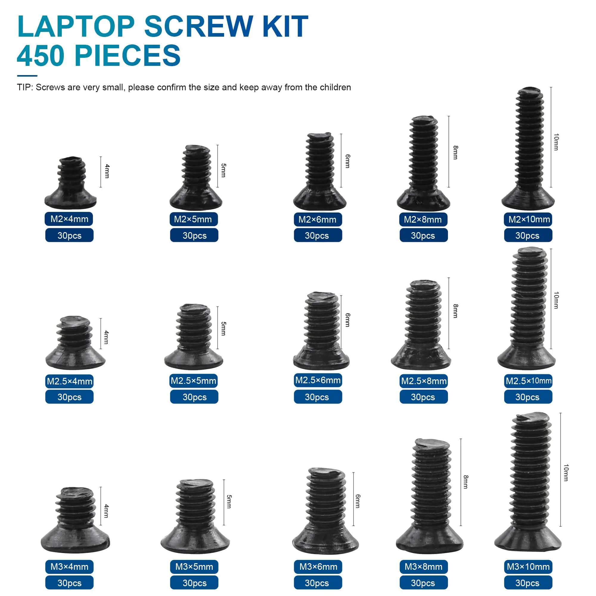 450pcs/set Black Plated Round Pan Head Tapping Screws Set M2.3 M2.6 M3 Carbon Steel Computer Mini Screw Phillips Kit