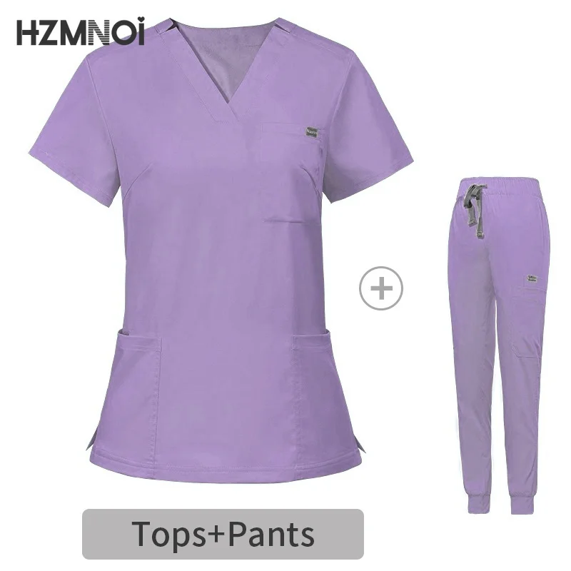 HZMNOI แขนสั้นชุดพยาบาลชุดสไตล์หญิงสตรี Tie Up Medical Scrubs พยาบาล Medical Spa ชุดสตรี